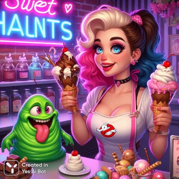 Сладкие призраки: ретро-кондитерская в стиле Охотников за привидениями. Генерация из нейросети Dalle