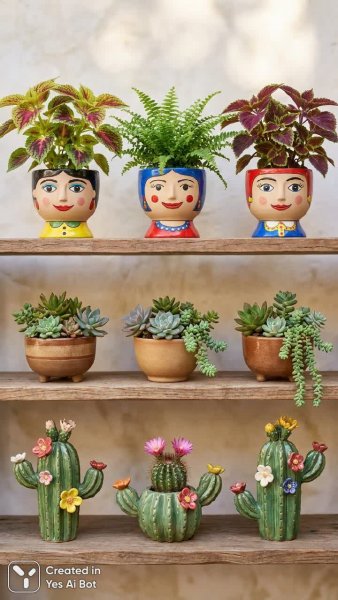 Волшебная коллекция горшков в стиле наивного искусства. Изображение из нейросети NanoBanana