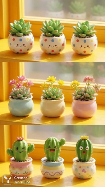 Веселые суккуленты в ярких горшочках: солнечная композиция для хорошего настроения. Генерация из нейросети NanoBanana