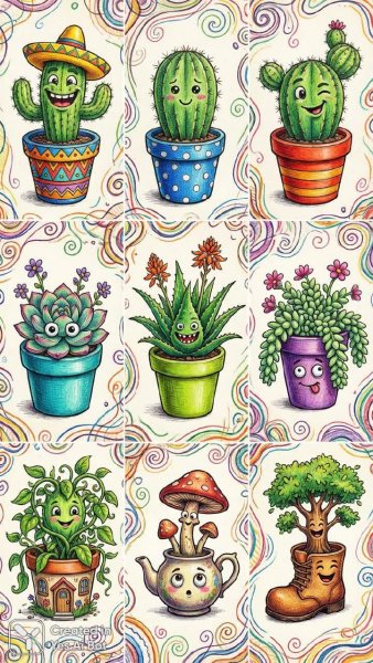 Яркие растения в необычных горшках и забавном стиле. Генерация из нейросети NanoBanana
