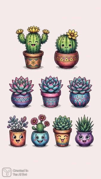 Яркие растения в горшочках: забавная коллекция иллюстраций. Изображение из нейронной сети Нано Банана