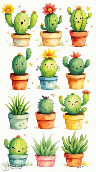 Веселые кактусы: забавный рисунок с растениями и яркими эмоциями. Изображение из нейронной сети Flux 1