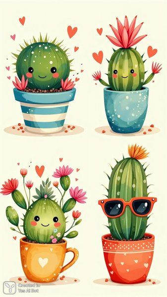 Четыре причудливых суккулента в гоше: игривая иллюстрация с характером. Генерация из нейронной сети Flux