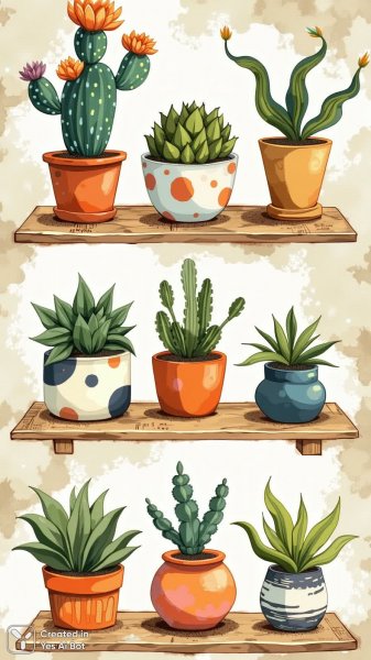 Яркая композиция: девять растений в авторских горшках. Изображение из нейронной сети Flux.1