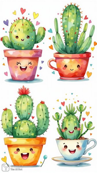 Веселые кактусы и суккуленты: милый набор в ярких горшках с забавными выражениями лиц. Нейронная сеть Flux 1