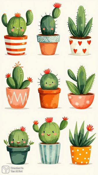 Игривые кактусы в горшочках: наивное искусство и пастельная нежность. Нейронная сеть Flux
