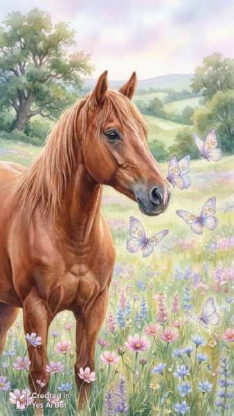 Нежная красота: лошадь в окружении цветов и бабочек с годом 2026. Изображение из нейросети Nano-Banana