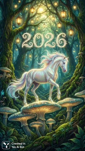 Волшебная лошадь в сказочном лесу: иллюстрация к 2026 году. Картинка из нейронной сети Nano-Banana