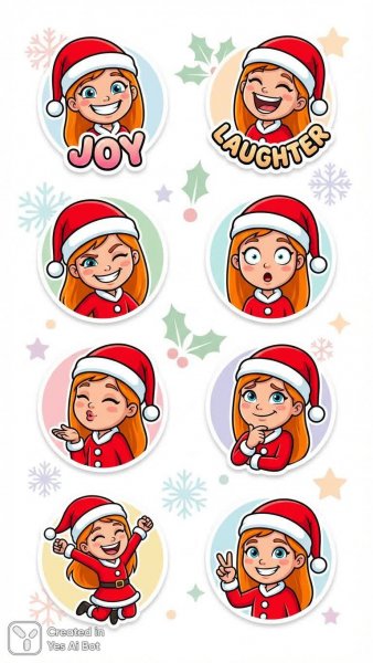 Новогодние стикеры: оранжевоволосая девочка в костюме Санты и праздничные эмоции. Изображение из нейронной сети NanoBanana