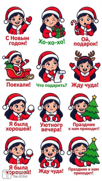 Яркий набор стикеров с девушкой в костюме Санты для праздничного настроения. Изображение из нейросети Nano-Banana