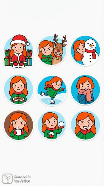 Девять зимних наклеек: очаровательная девочка в праздничных образах. Генерация из нейронной сети Нано Банана