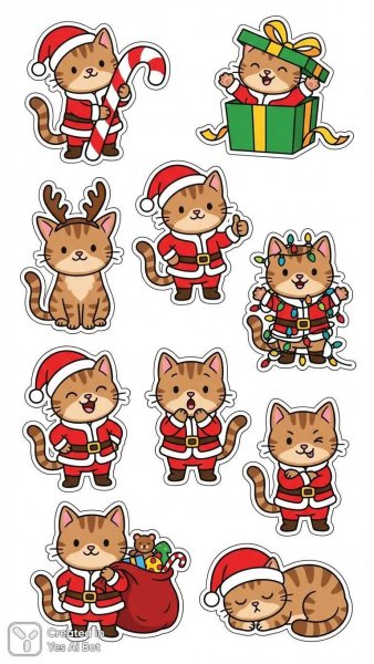 Забавные новогодние котики в стикерах: коллекция для творчества. Генерация из нейронной сети NanoBanana