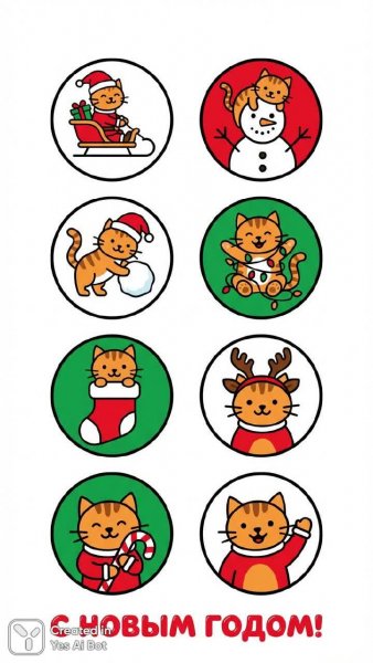 Забавные коты в новогоднем стиле: набор векторных иконок для дизайна. Изображение из нейронной сети Nano-Banana
