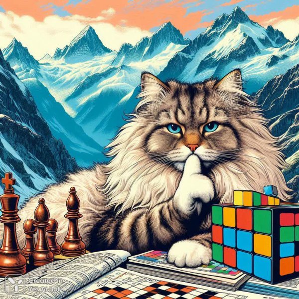 Котик-философ на вершине: размышления о жизни и головоломках. Генерация из нейросети Dalle 3