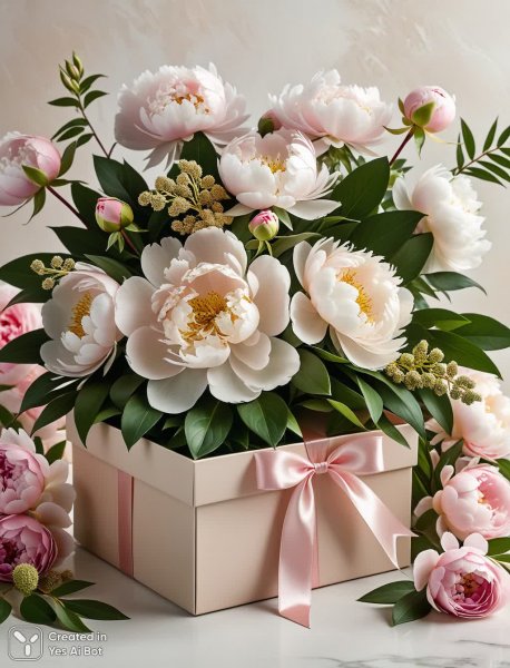 Нежная элегантность цветов в стильной подарочной коробке. Генерация из нейросети Stable Diffusion