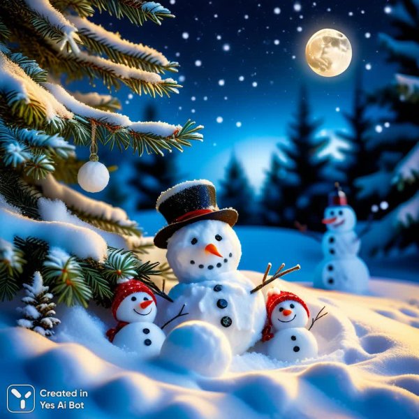 Снежная ночь под елью: спящий снеговик и лунный свет. Нейросеть Stable Diffusion