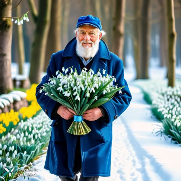 Дедушка с охапкой подснежников и зимней сказочной красотой. Изображение из нейронной сети Stable Diffusion