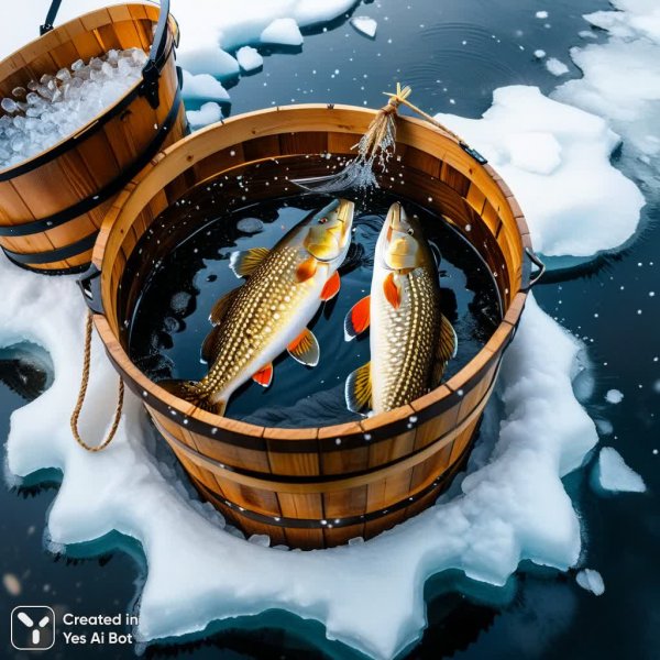 Рыба-щука из ведра у лунки: сказочный зимний пейзаж. Картинка из нейронной сети Stable Diffusion