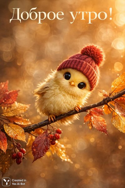 Утро в осеннем лесу: очаровательная птичка и яркие листья. Картинка из нейросети Sora Images