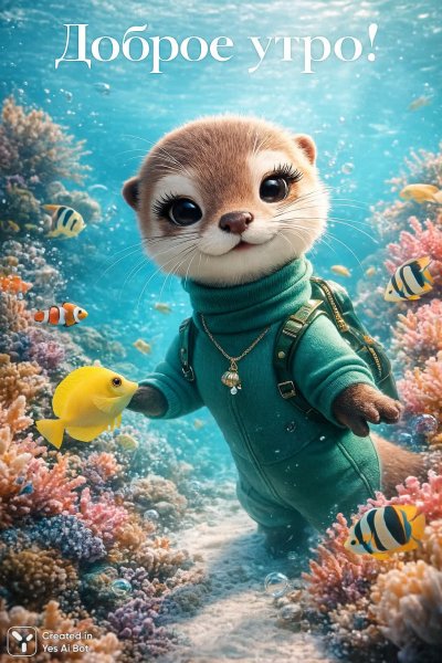 Очаровательный вы́дронок в изумрудном наряде и подводный мир полный чудес. Картинка из нейронной сети Sora Image