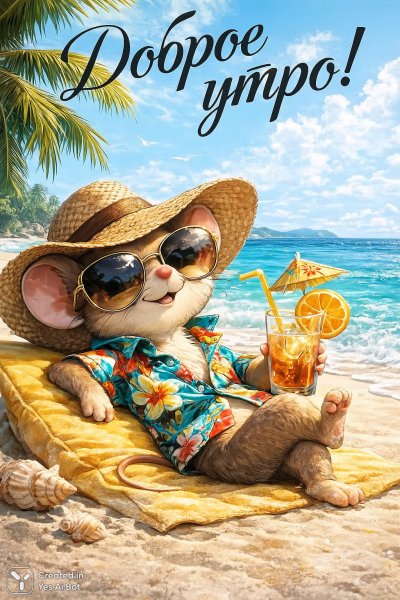 Мышонок на пляже: тропический отдых и беззаботное утро. Генерация из нейросети Sora Ai Images