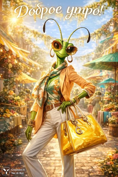 Утро в ярком рынке: мода и приключения насекомого. Картинка из нейронной сети Sora images Ai