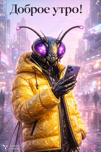 Насекомое в пальто: футуристичный утренний кадр с цифровыми деталями. Генерация из нейросети Sora Images
