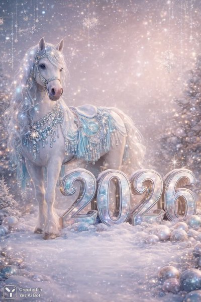 Зимняя сказка: волшебная лошадь и сверкающий 2026 год. Изображение из нейронной сети Sora