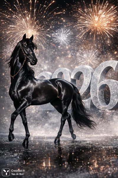 Черный конь в серебряном блеске праздничного фейерверка. Картинка из нейросети Sora