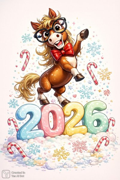 Забавный конь в очках и бантике встречает 2026 год. Нейронная сеть Sora Image