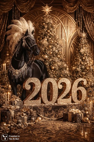 Роскошный конь в стиле ар-деко: праздник, ностальгия и предвкушение 2026 года. Изображение из нейронной сети Sora Image