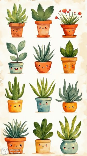 Яркая коллекция наивного искусства с растениями в горшках. Изображение из нейронной сети Flux Ai