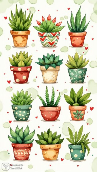 Девять игривых суккулентов в ярких горшочках. Изображение из нейросети Flux 1