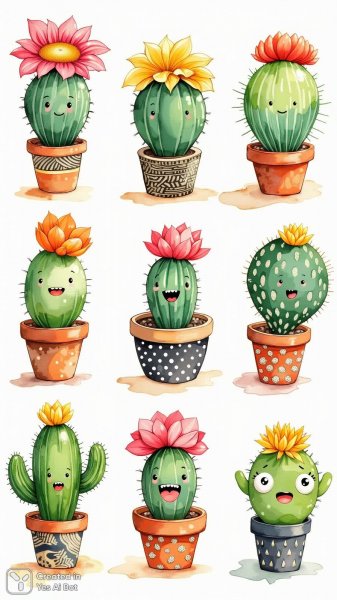 Забавные кактусы в пастельных тонах: коллекция ярких рисунков с цветами и горшками. Нейронная сеть Flux