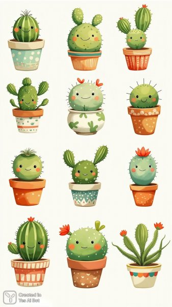 Девять кактусов в горшочках: милые мордочки и яркие узоры на нежном фоне. Генерация из нейросети Flux.1