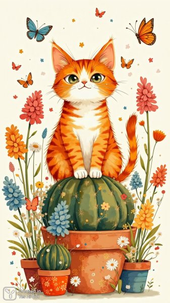 Очаровательный кот и кактус: яркая иллюстрация в стиле фолк-арт. Картинка из нейросети Flux.1