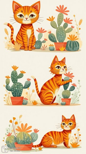 Котик и кактус: забавная тройка в стиле Zentangle. Нейросеть Flux 1