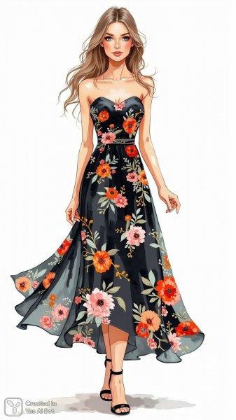 Изящный образ: акварельный скетч женщины в черном платье с цветочным принтом. Изображение из нейросети Flux Ai