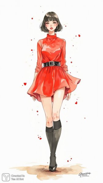 Яркий образ в красном: стильная акварельная иллюстрация моды. Генерация из нейросети Flux