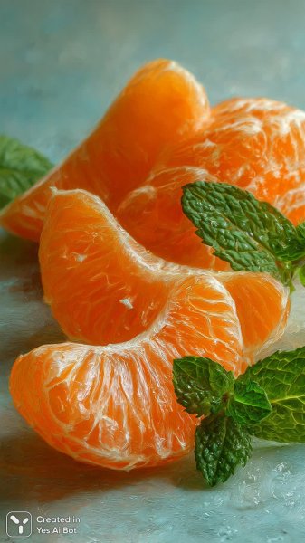 Сочные мандариновые дольки с мятой в деталях натурального освещения. Нейросеть Миджорни