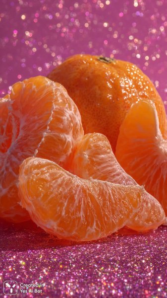 Мандарины в деталях: сверкающий фон и сочные сегменты. Картинка из нейросети Миджорни