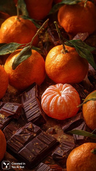Аппетитные мандарины с шоколадом и золотым сиянием в студии. Картинка из нейросети Midjourney