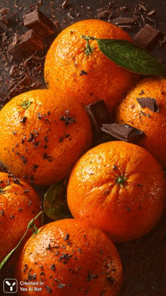 Сочные мандарины с шоколадом и золотым сиянием: фотореалистичный шедевр. Изображение из нейронной сети Midjourney