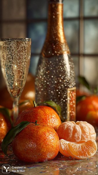 Мандарины и шампанское: яркий фотореалистичный натюрморт с мягким фоном. Изображение из нейросети Миджорни