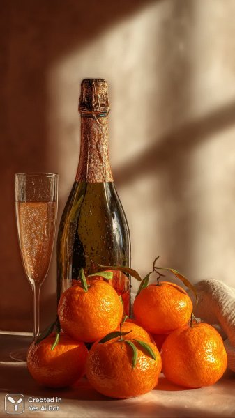 Апельсины и шампанское: яркая фотореалистичная композиция с пузырьками. Нейросеть Midjourney