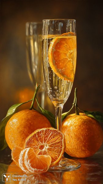 Изысканная композиция мандаринов и шампанского в гиперреалистичном стиле. Картинка из нейронной сети Midjourney