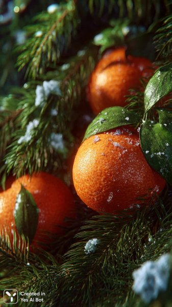 Мандарины в снегу: зимнее великолепие и яркие краски природы. Изображение из нейронной сети Midjourney