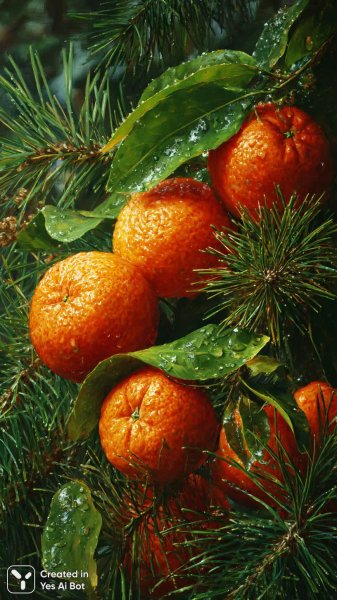 Сочные мандарины с еловыми ветками: фотореалистичный натюрморт в ярких тонах. Генерация из нейронной сети Midjourney
