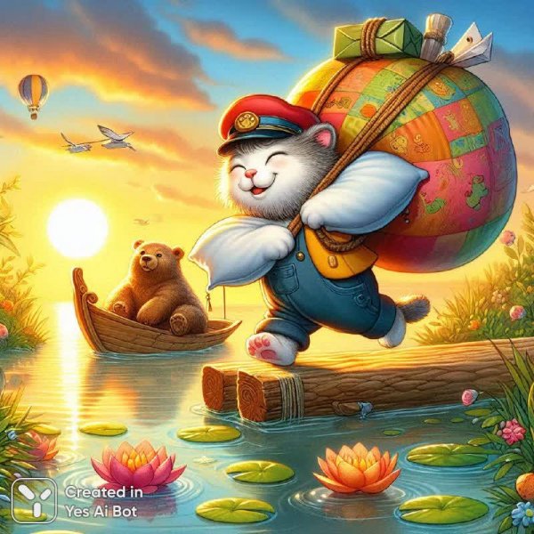 Кот-курьер и медведь: утренние приключения. Изображение из нейросети Далли 3