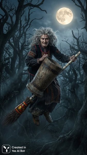 Баба Яга: колдовство и русская ночь. Картинка из нейронной сети Nano-Banana